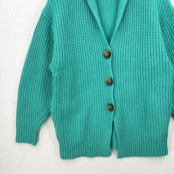 FREE PEOPLE Swim Too Deep Oversized Cardigan Womens S Turquoise Collared Button - Picture 7 of 16